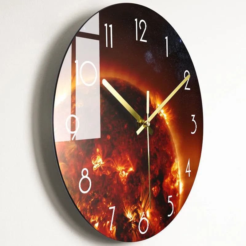 Round silent wall clock with acrylic glass dial, shown in a living room setting.