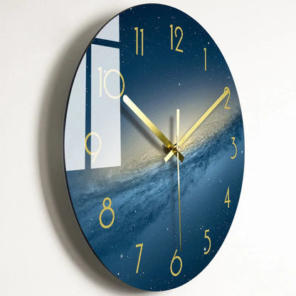 Round silent wall clock with acrylic glass dial, shown in a living room setting.