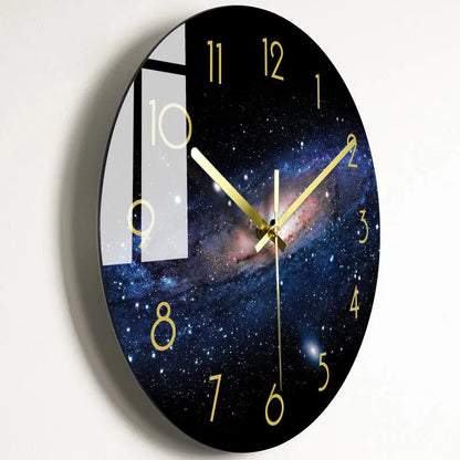 Round silent wall clock with acrylic glass dial, shown in a living room setting.