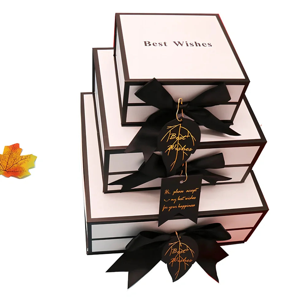White square clamshell paper gift box for cosmetics, sizes 12-21cm with raffia and bag options