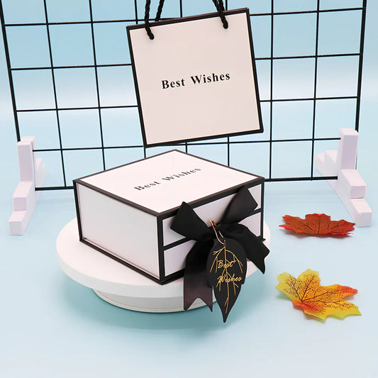 White square clamshell paper gift box for cosmetics, sizes 12-21cm with raffia and bag options