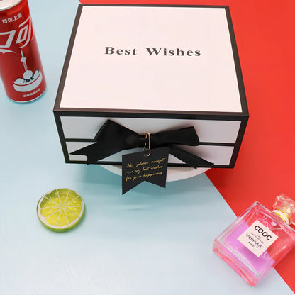 White square clamshell paper gift box for cosmetics, sizes 12-21cm with raffia and bag options