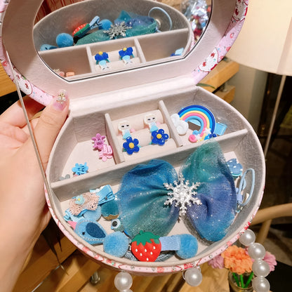 Children's princess hair clip jewellery set with cartoon characters in gift box containing 26 cloth accessories