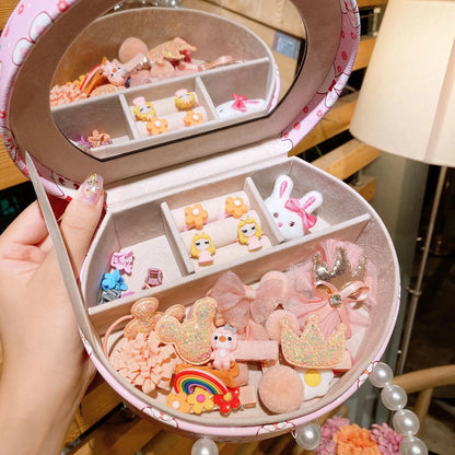 Children's princess hair clip jewellery set with cartoon characters in gift box containing 26 cloth accessories