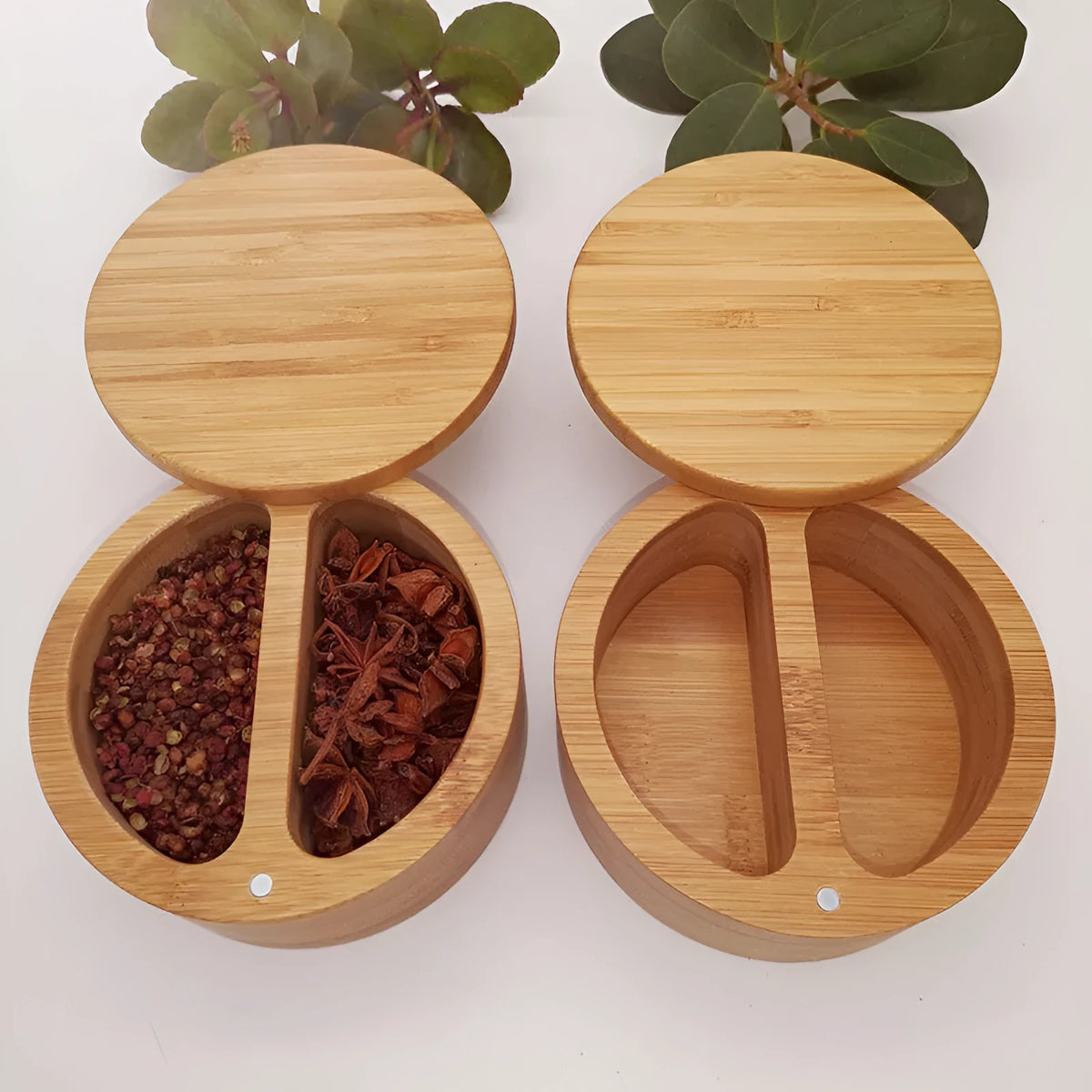 Bamboo seasoning box with spoon in single, double, or pear-shaped styles for solid spices.