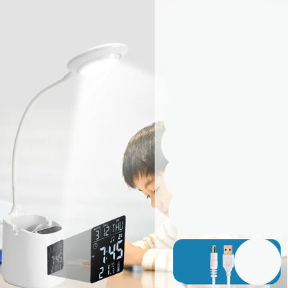 White USB desk lamp with touch switch on a dormitory desk.