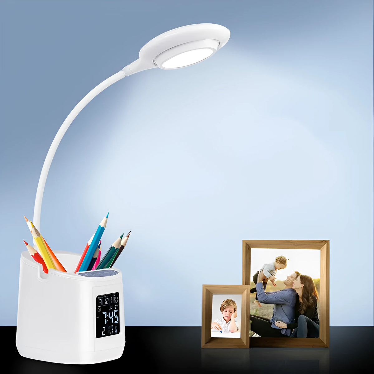 White USB desk lamp with touch switch on a dormitory desk.