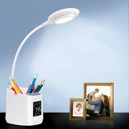White USB desk lamp with touch switch on a dormitory desk.