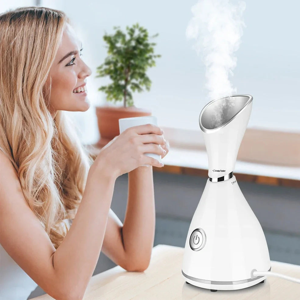 White 70ml nano ionic face steamer with flexible cord for deep skin hydration and pore cleansing, 11x17x17.5cm size