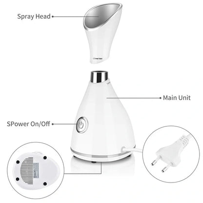 White 70ml nano ionic face steamer with flexible cord for deep skin hydration and pore cleansing, 11x17x17.5cm size