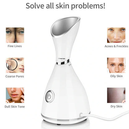 White 70ml nano ionic face steamer with flexible cord for deep skin hydration and pore cleansing, 11x17x17.5cm size