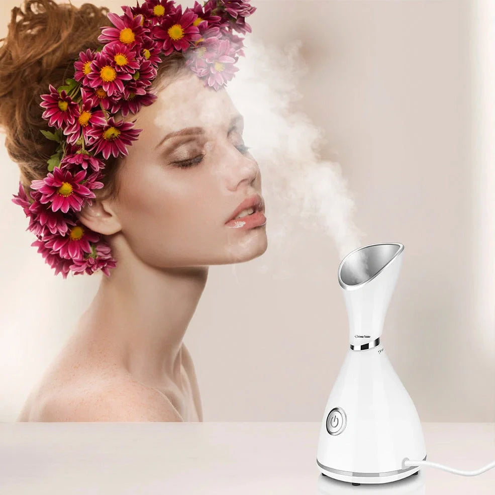 White 70ml nano ionic face steamer with flexible cord for deep skin hydration and pore cleansing, 11x17x17.5cm size
