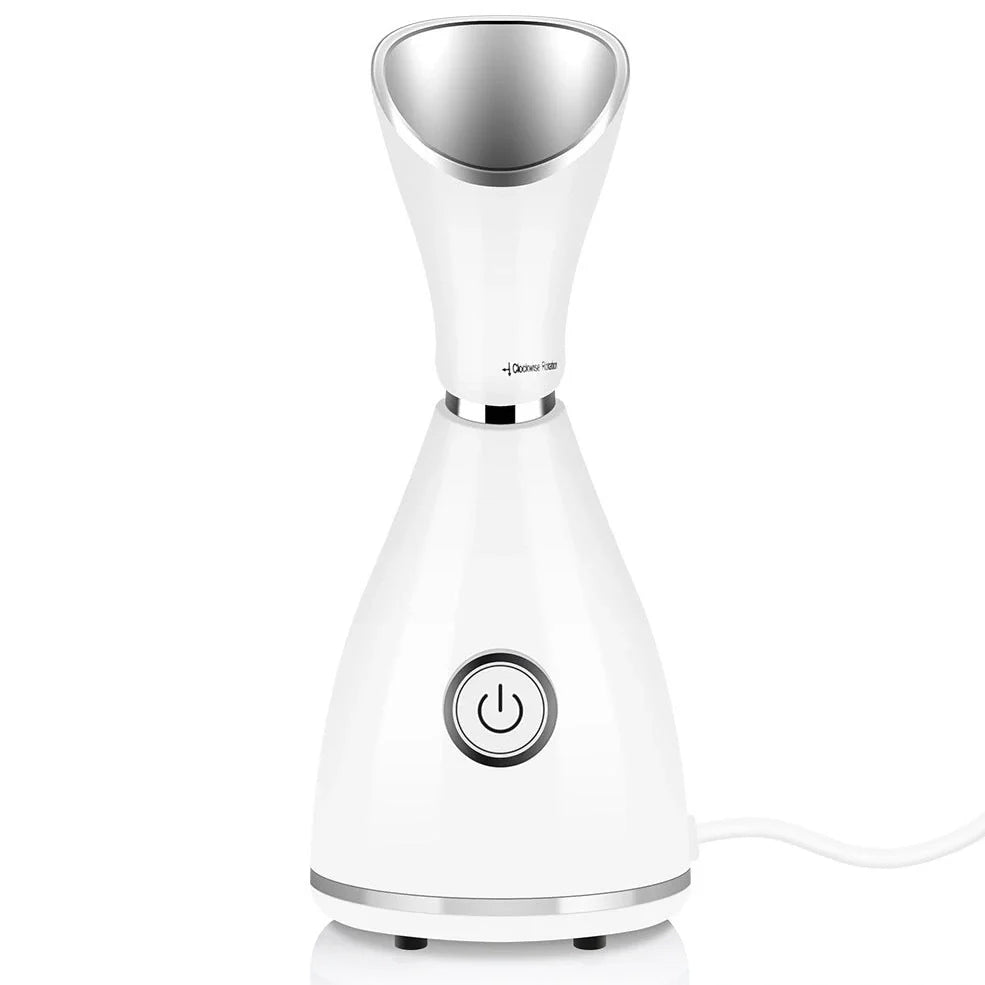 White 70ml nano ionic face steamer with flexible cord for deep skin hydration and pore cleansing, 11x17x17.5cm size