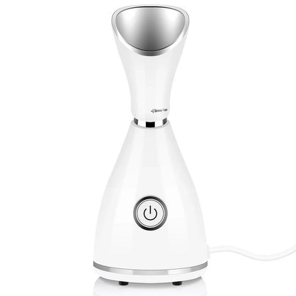 White 70ml nano ionic face steamer with flexible cord for deep skin hydration and pore cleansing, 11x17x17.5cm size