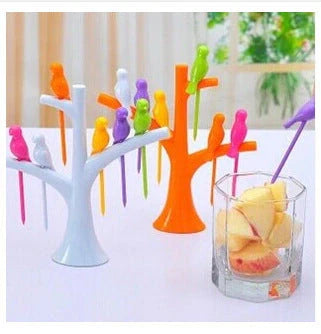 Kids' plastic fruit fork set with tree and birds design in various colours