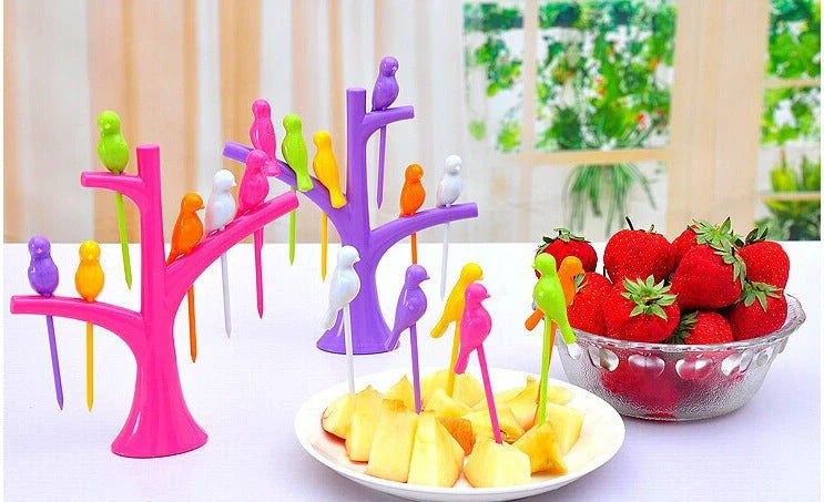 Kids' plastic fruit fork set with tree and birds design in various colours