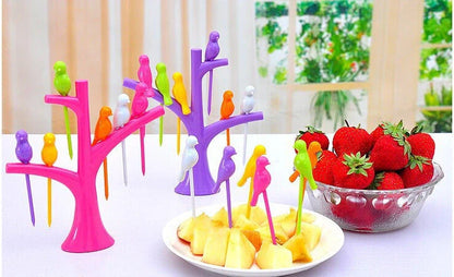 Kids' plastic fruit fork set with tree and birds design in various colours