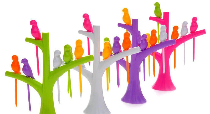 Kids' plastic fruit fork set with tree and birds design in various colours