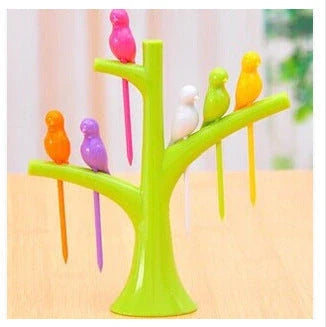 Kids' plastic fruit fork set with tree and birds design in various colours