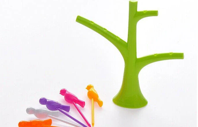 Kids' plastic fruit fork set with tree and birds design in various colours