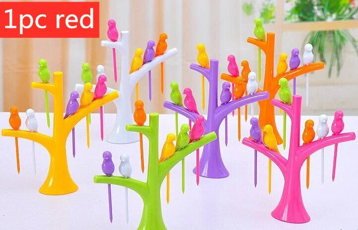 Kids' plastic fruit fork set with tree and birds design in various colours