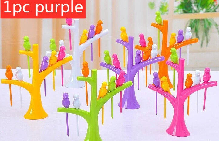 Kids' plastic fruit fork set with tree and birds design in various colours