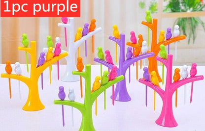Kids' plastic fruit fork set with tree and birds design in various colours