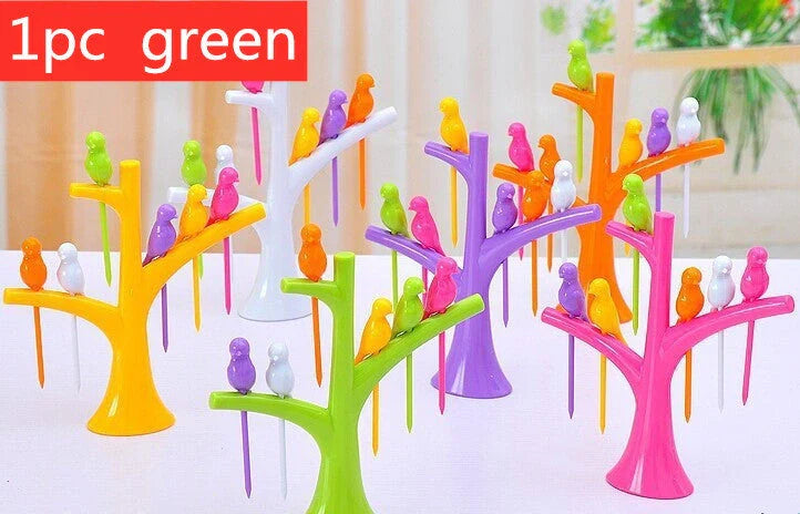 Kids' plastic fruit fork set with tree and birds design in various colours
