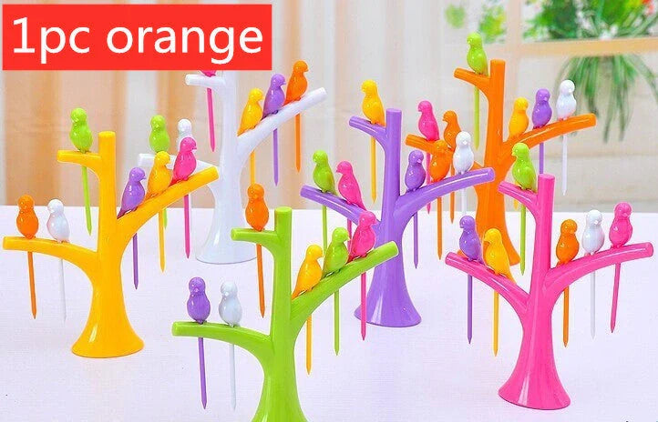 Kids' plastic fruit fork set with tree and birds design in various colours