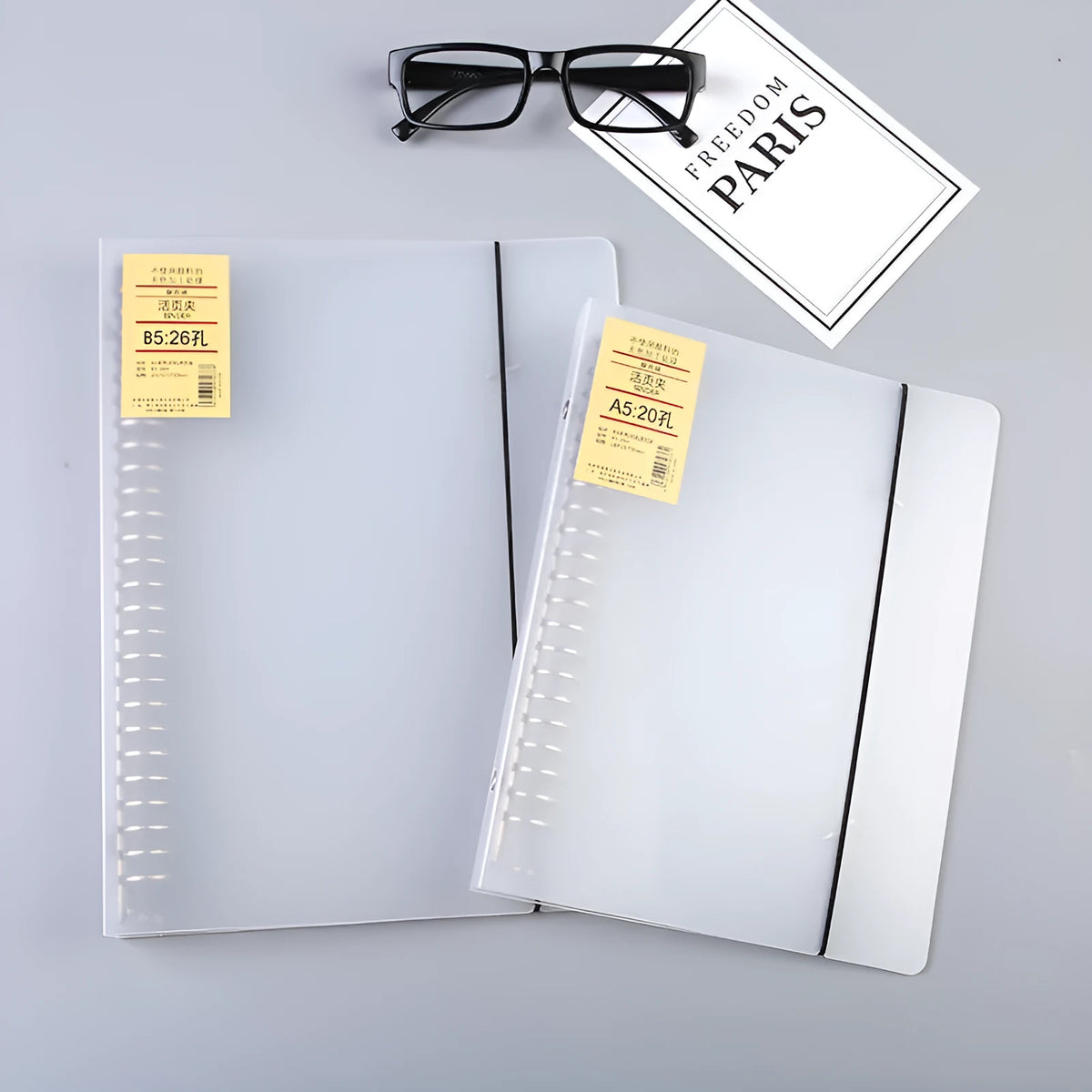 A5 and B5 loose-leaf notebooks with black looped wire binding and horizontal line paper on a PP matte cover.