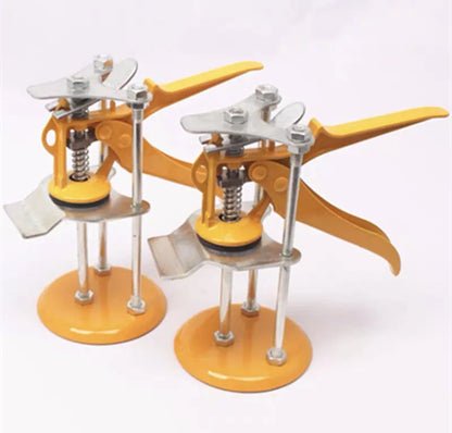 Metal tile raising locator tool with adjustable height mechanism on a work surface.