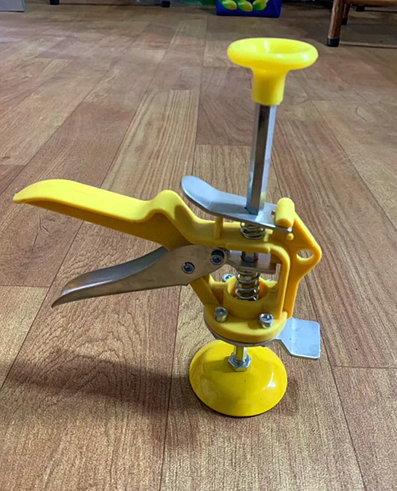 Metal tile raising locator tool with adjustable height mechanism on a work surface.