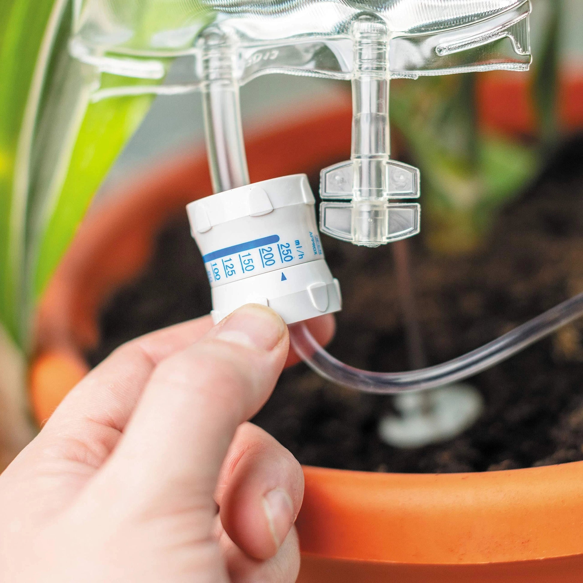 A transparent, self-watering plant feeder device with a 1000ml or 3000ml capacity, designed to keep indoor and outdoor plants hydrated for up to 7 days.