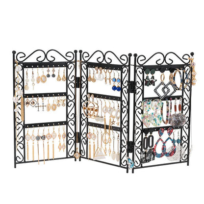 Premium metal jewelry display rack with European-inspired design, foldable for compact storage, and versatile earring and necklace organization.