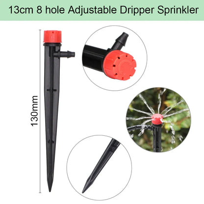 50-metre automatic garden irrigation system kit showing timer, tubing, and spray nozzles arranged for installation