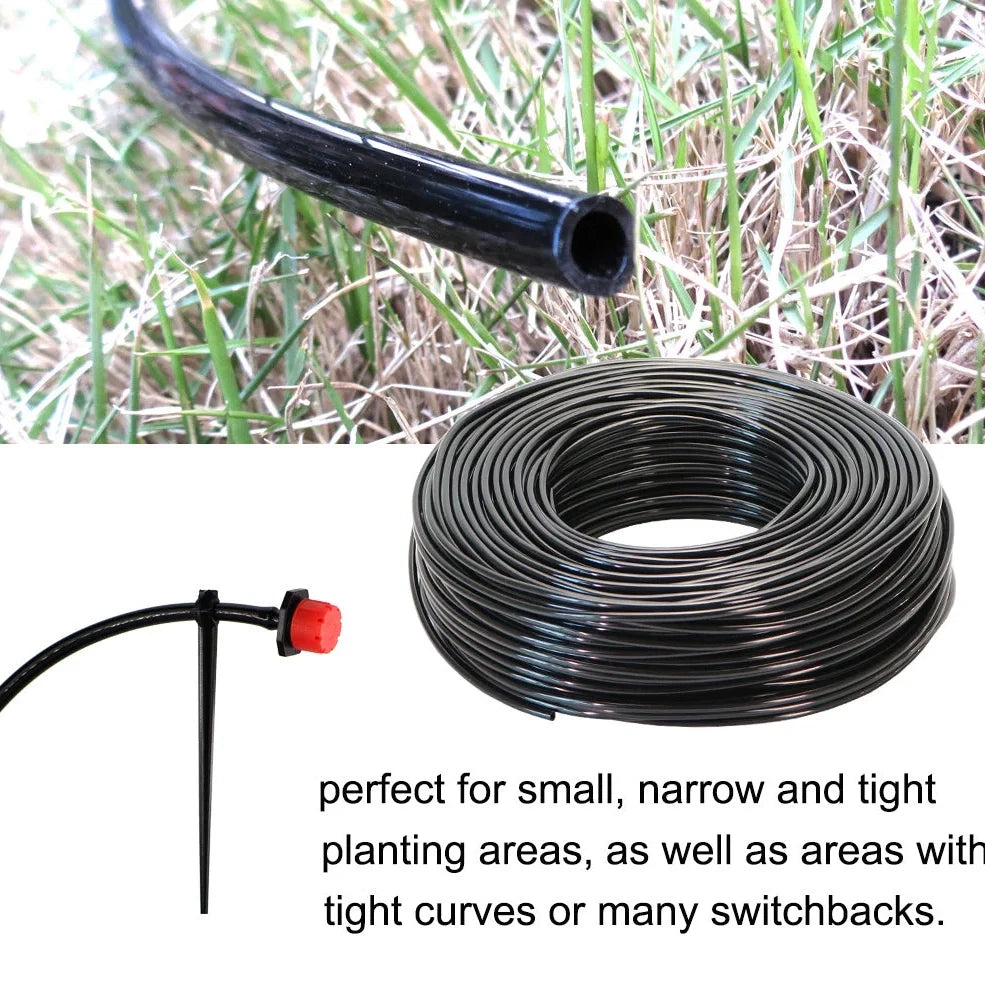 50-metre automatic garden irrigation system kit showing timer, tubing, and spray nozzles arranged for installation