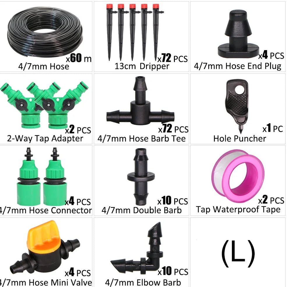 50-metre automatic garden irrigation system kit showing timer, tubing, and spray nozzles arranged for installation