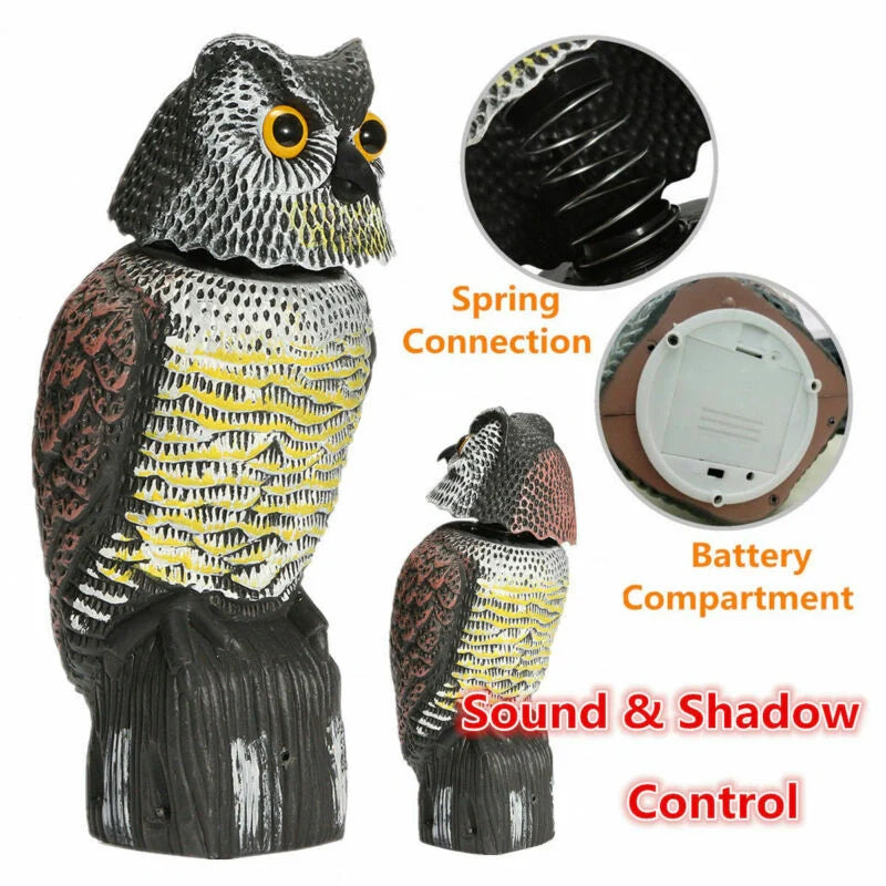 Lifelike owl decoy for garden pest control with 360-degree rotation