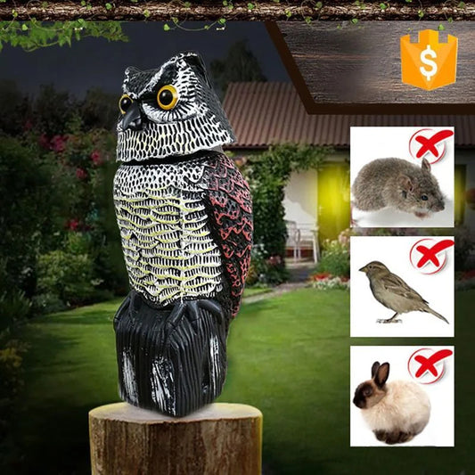 Lifelike owl decoy for garden pest control with 360-degree rotation
