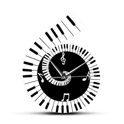 Irregular shaped treble clef piano keyboard musical notes wall clock in black and white colours measuring 69x35x62cm