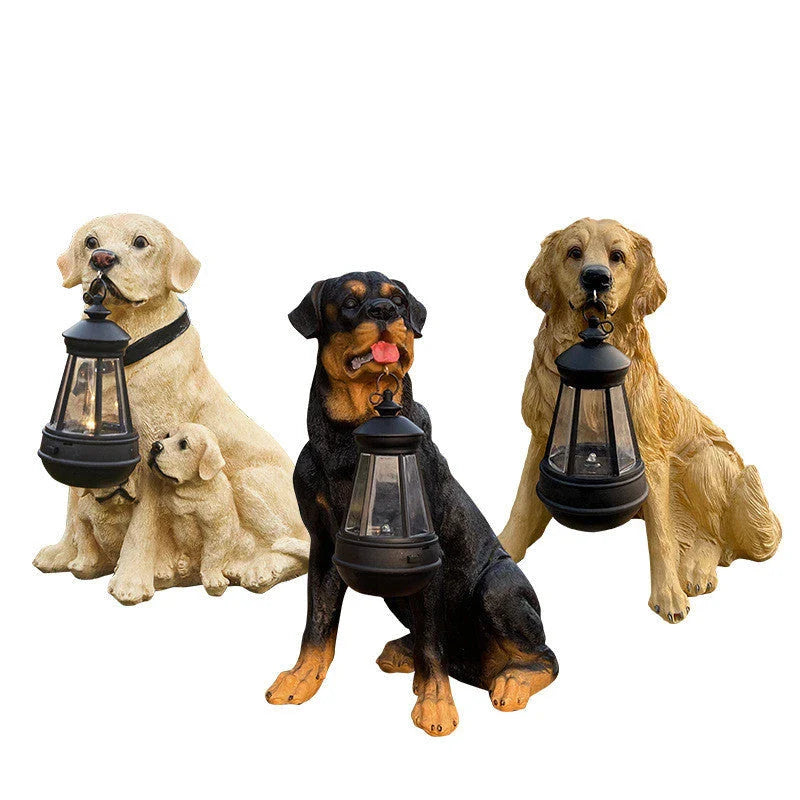 Charming solar-powered LED dog statue with retro-inspired design, mottled and striped surface, and warm ambient lighting for outdoor decor