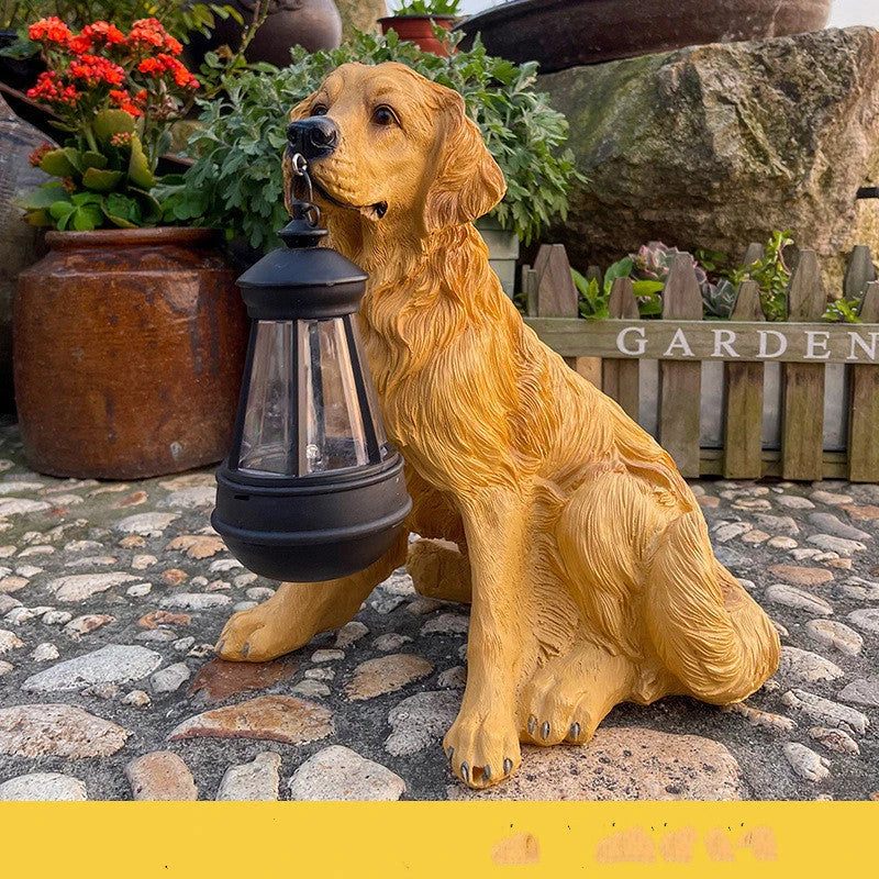 Charming solar-powered LED dog statue with retro-inspired design, mottled and striped surface, and warm ambient lighting for outdoor decor