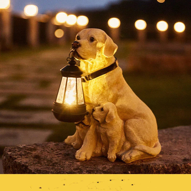 Charming solar-powered LED dog statue with retro-inspired design, mottled and striped surface, and warm ambient lighting for outdoor decor