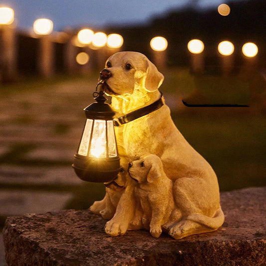 Charming solar-powered LED dog statue with retro-inspired design, mottled and striped surface, and warm ambient lighting for outdoor decor