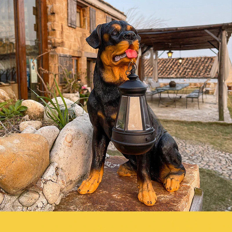 Charming solar-powered LED dog statue with retro-inspired design, mottled and striped surface, and warm ambient lighting for outdoor decor