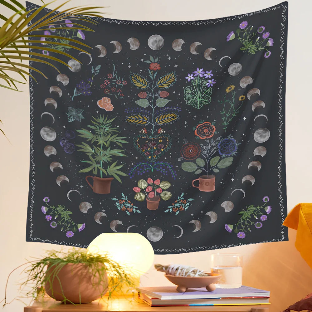 Moon phase and tarot design polyester wall tapestry measuring 150x200cm with machine-woven edges