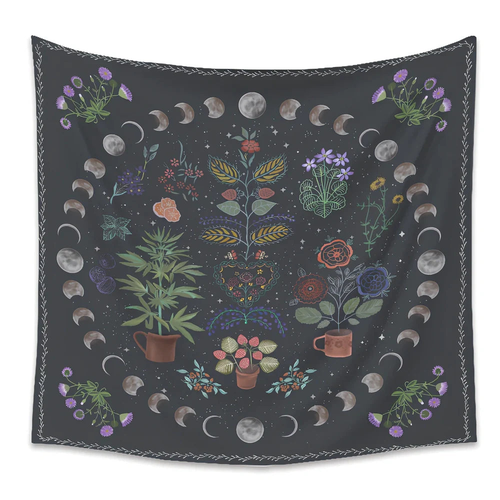 Moon phase and tarot design polyester wall tapestry measuring 150x200cm with machine-woven edges
