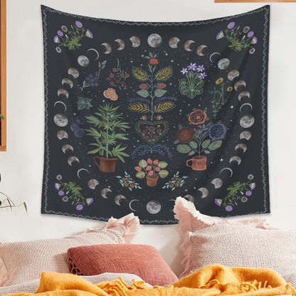 Moon phase and tarot design polyester wall tapestry measuring 150x200cm with machine-woven edges