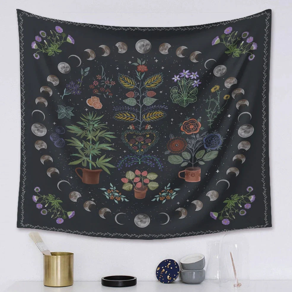 Moon phase and tarot design polyester wall tapestry measuring 150x200cm with machine-woven edges
