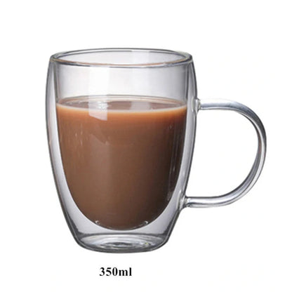 Transparent double wall glass coffee mug with lemon pattern, heat-resistant construction for hot beverages